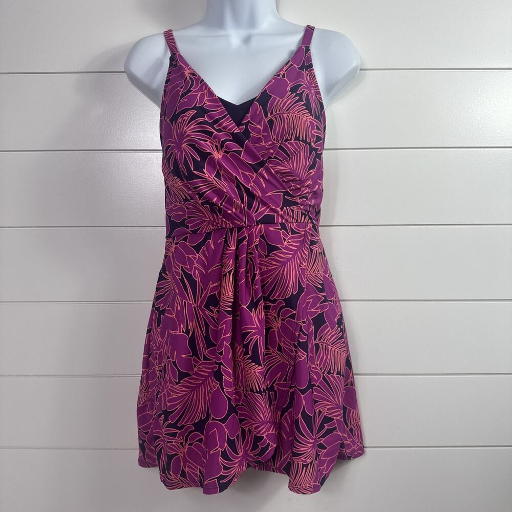Lands End Swimsuit Dress One Piece Purple Leaf Pattern sz S